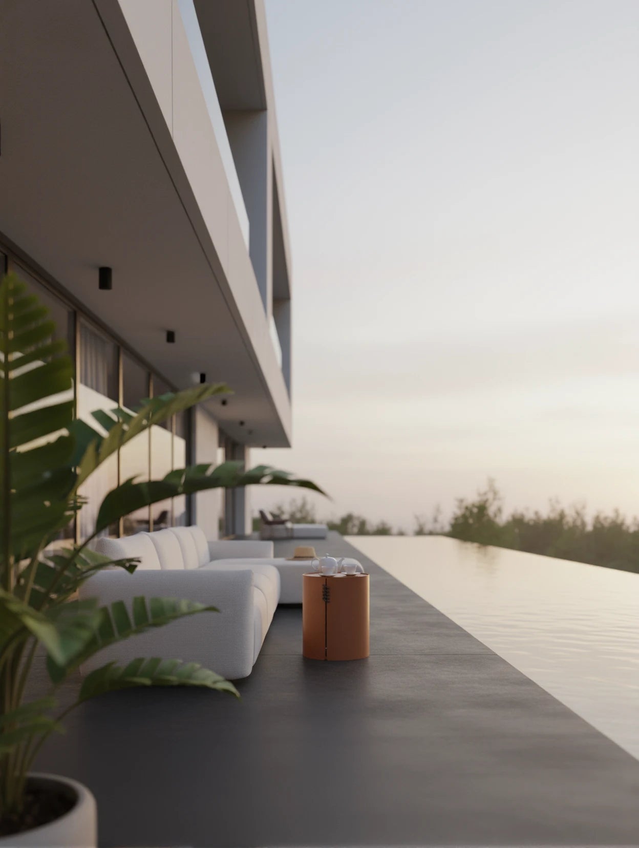 Babymax L-Lounge Set, 3er-Set: Elegantes, niedriges weißes Sofa auf moderner Terrasse, neben rostfarbenem Beistelltisch mit Teeservice, vor Infinity-Pool und tropischer Pflanze, ideal für stilvolles, modulares Outdoor-Design.