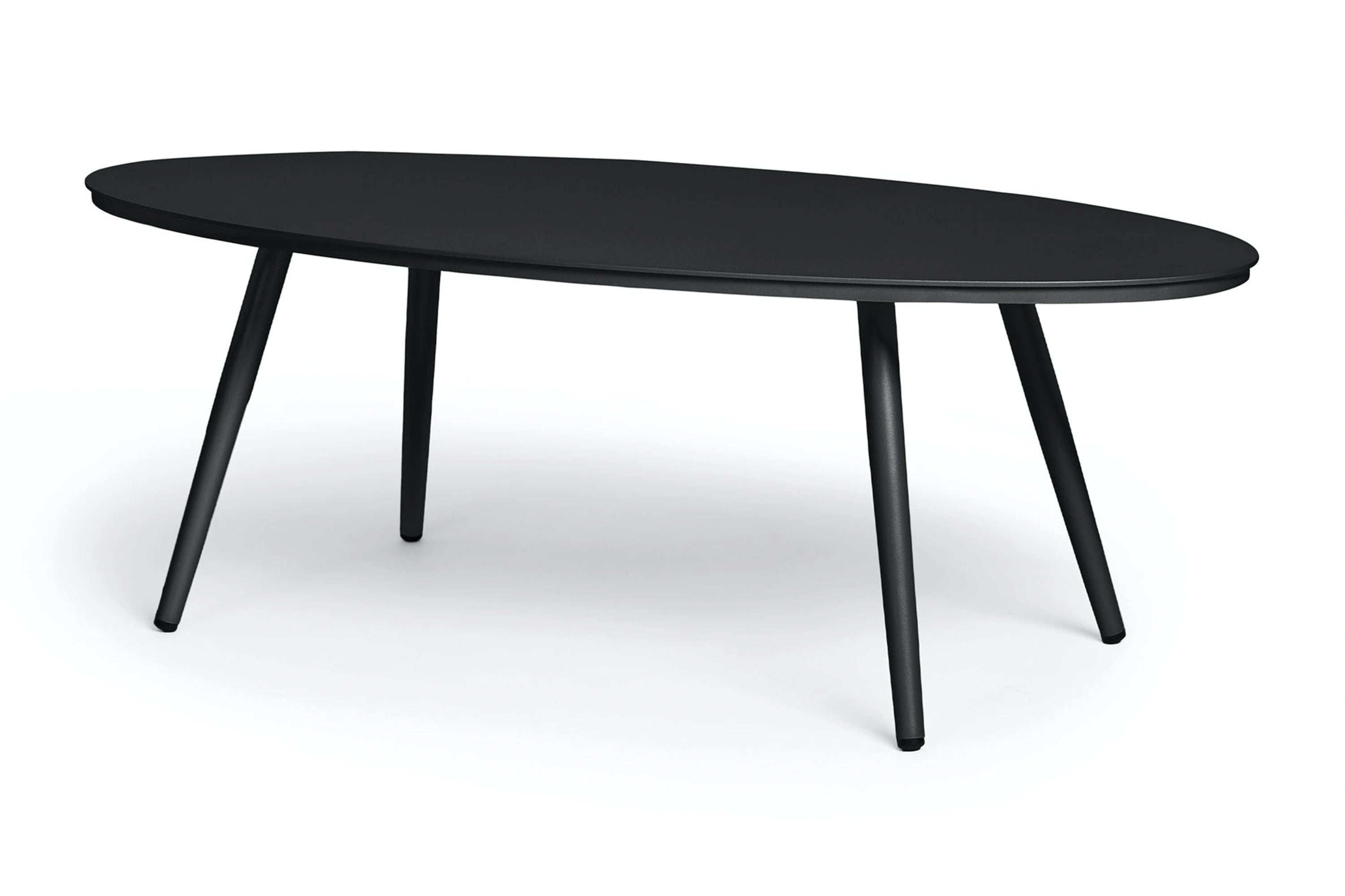 Leiden Ovaler ausgehöhlter Couchtisch-Aluminium Pulverbeschichtung-Weiß: Ein eleganter schwarzer ovaler Tisch mit stabilen Beinen, ideal für stilvolle und langlebige Einrichtung, perfekt für moderne Garten- und Terrassenräume.