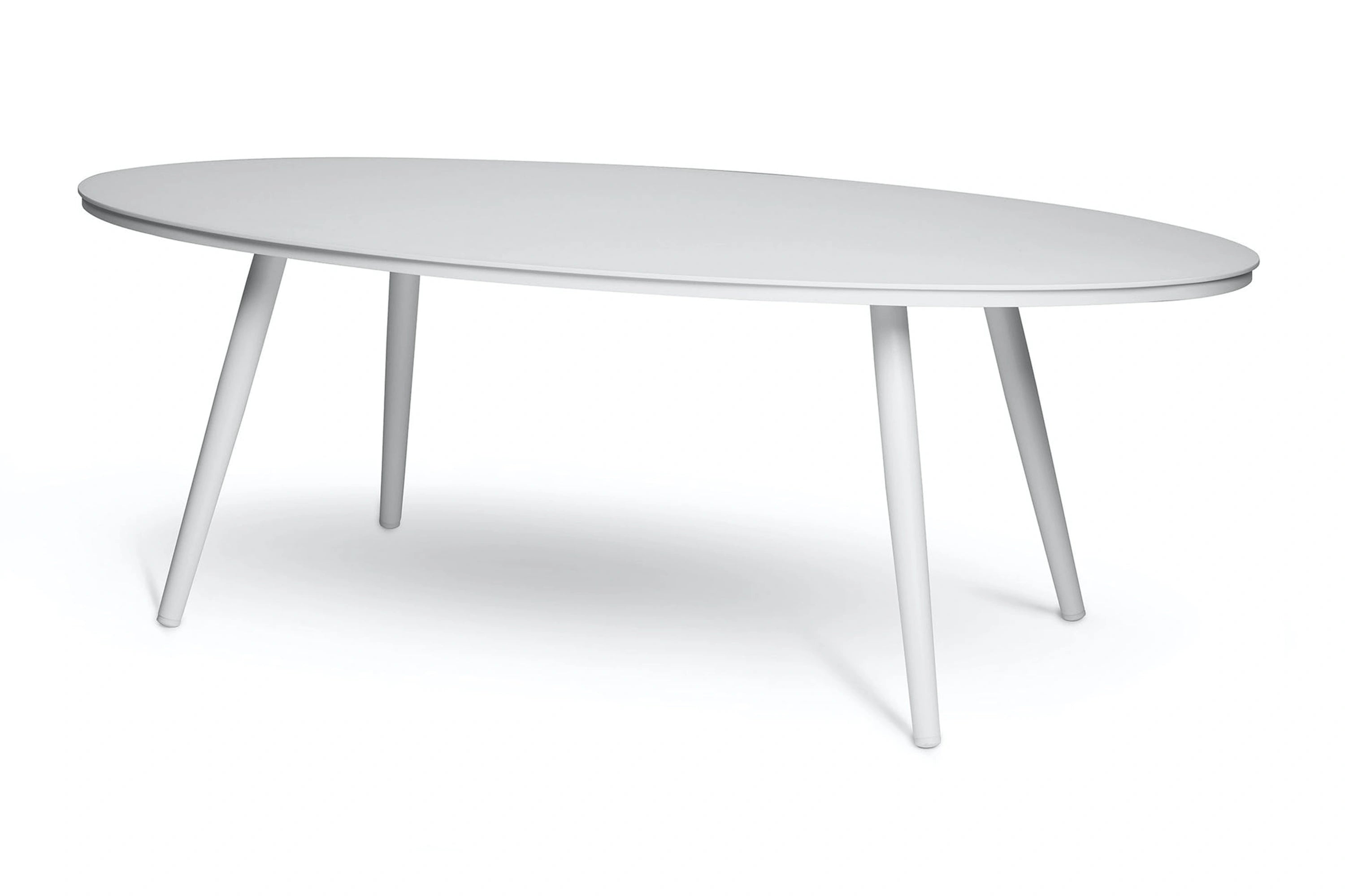 Leiden Ovaler ausgehöhlter Couchtisch-Aluminium Pulverbeschichtung-Weiß zeigt einen eleganten, ovalen Couchtisch mit stabilen Beinen, passend für stilvolle, modulare Outdoor-Möbel von Finqa GmbH.