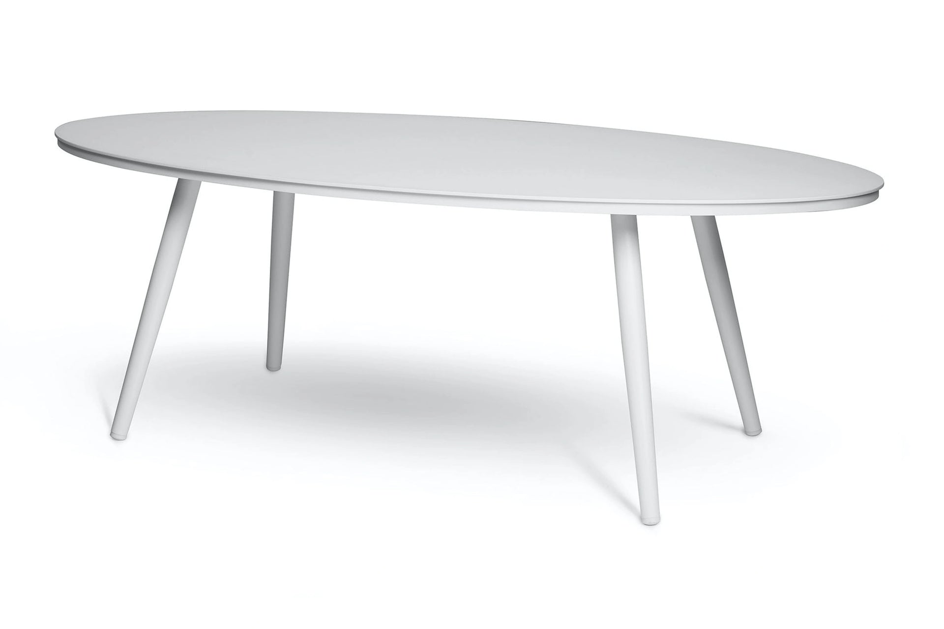 Leiden Ovaler ausgehöhlter Couchtisch-Aluminium Pulverbeschichtung-Weiß zeigt einen eleganten, ovalen Couchtisch mit stabilen Beinen, passend für stilvolle, modulare Outdoor-Möbel von Finqa GmbH.