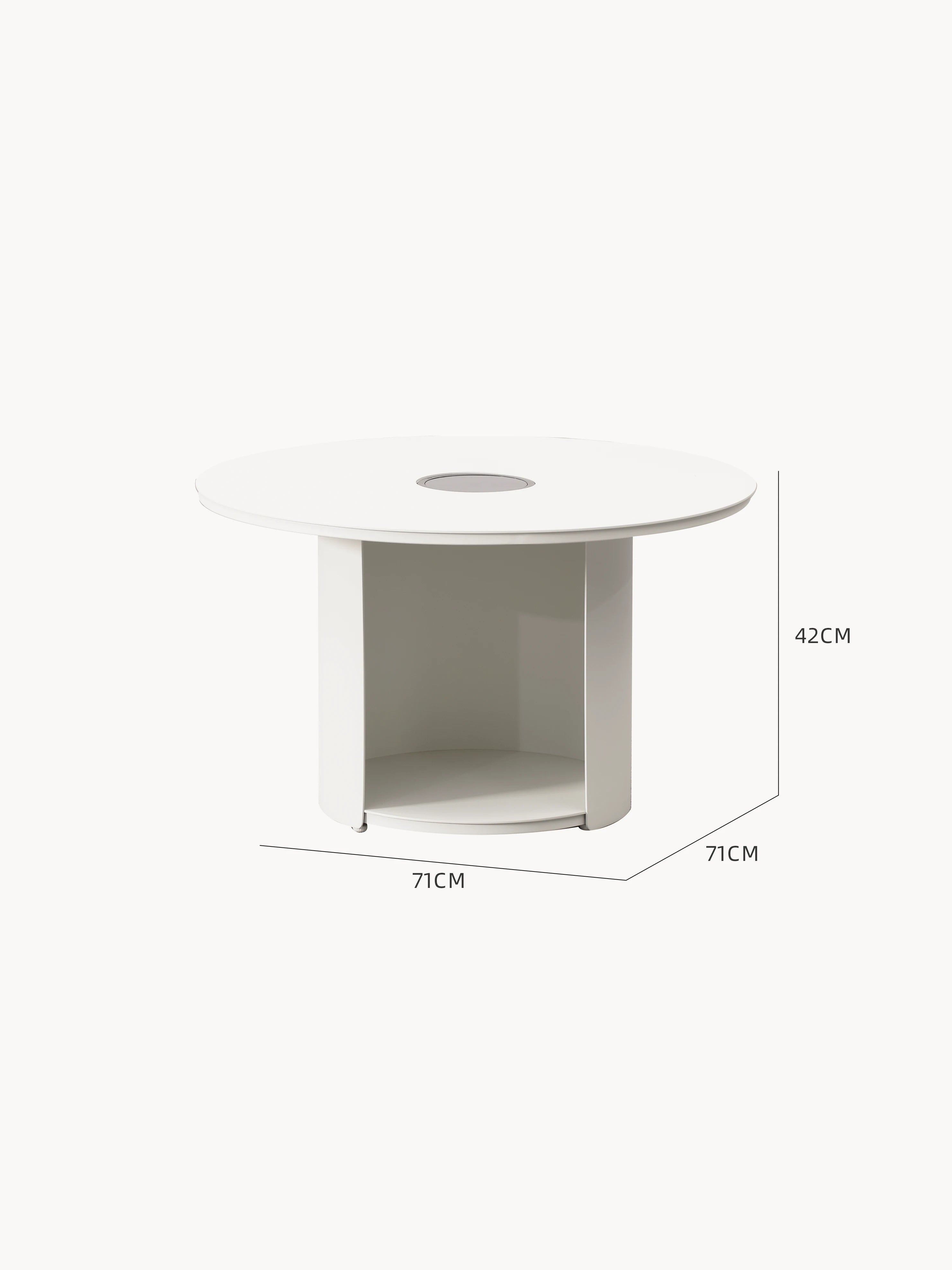 Der Speyer Säule Runder Couchtisch - Aluminium pulverbeschichtet-Weiß zeigt ein modernes Design mit mittigem Loch und zusätzlichem Regal, ideal für stilvolle, modulare Outdoor-Einrichtung. Maße: 71,5 x 71,5 x 40,5 cm.