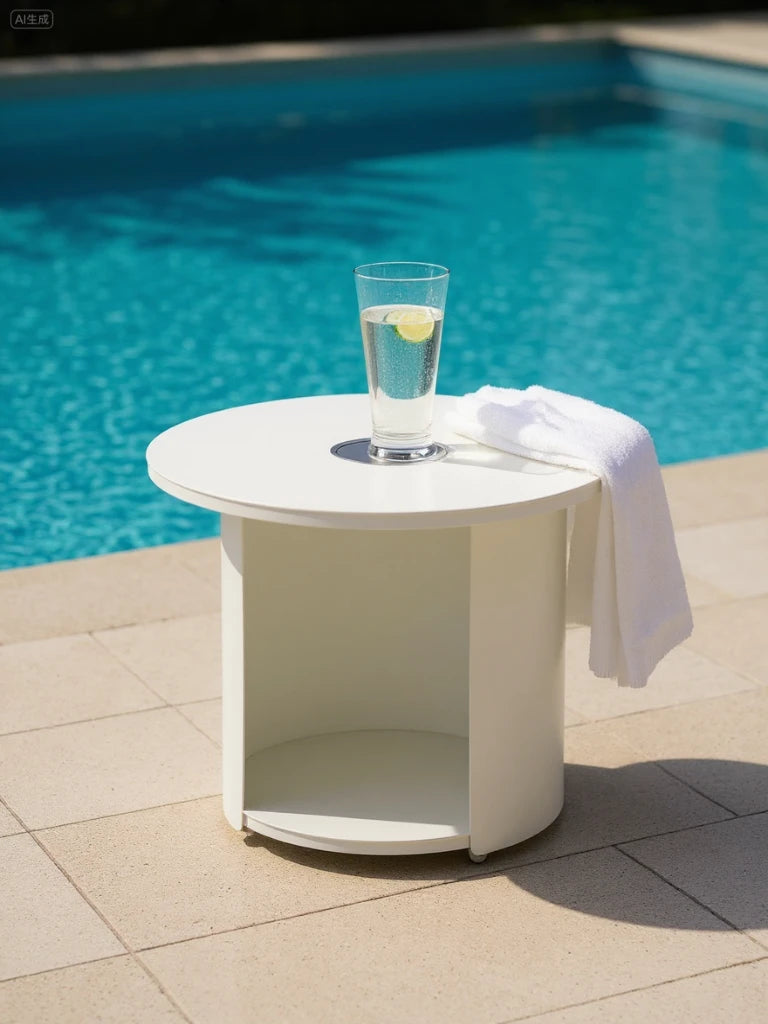 Baden-Baden Multifunktionale Runder Couchtisch mit Solarlicht -30cm Höhe-Weiß, neben Pool, hält Glas mit Limettenscheibe, Aluminiumlegierung, pulverbeschichtet, langlebig, passend zu Finqa’s nachhaltigem Outdoor-Möbelstil.