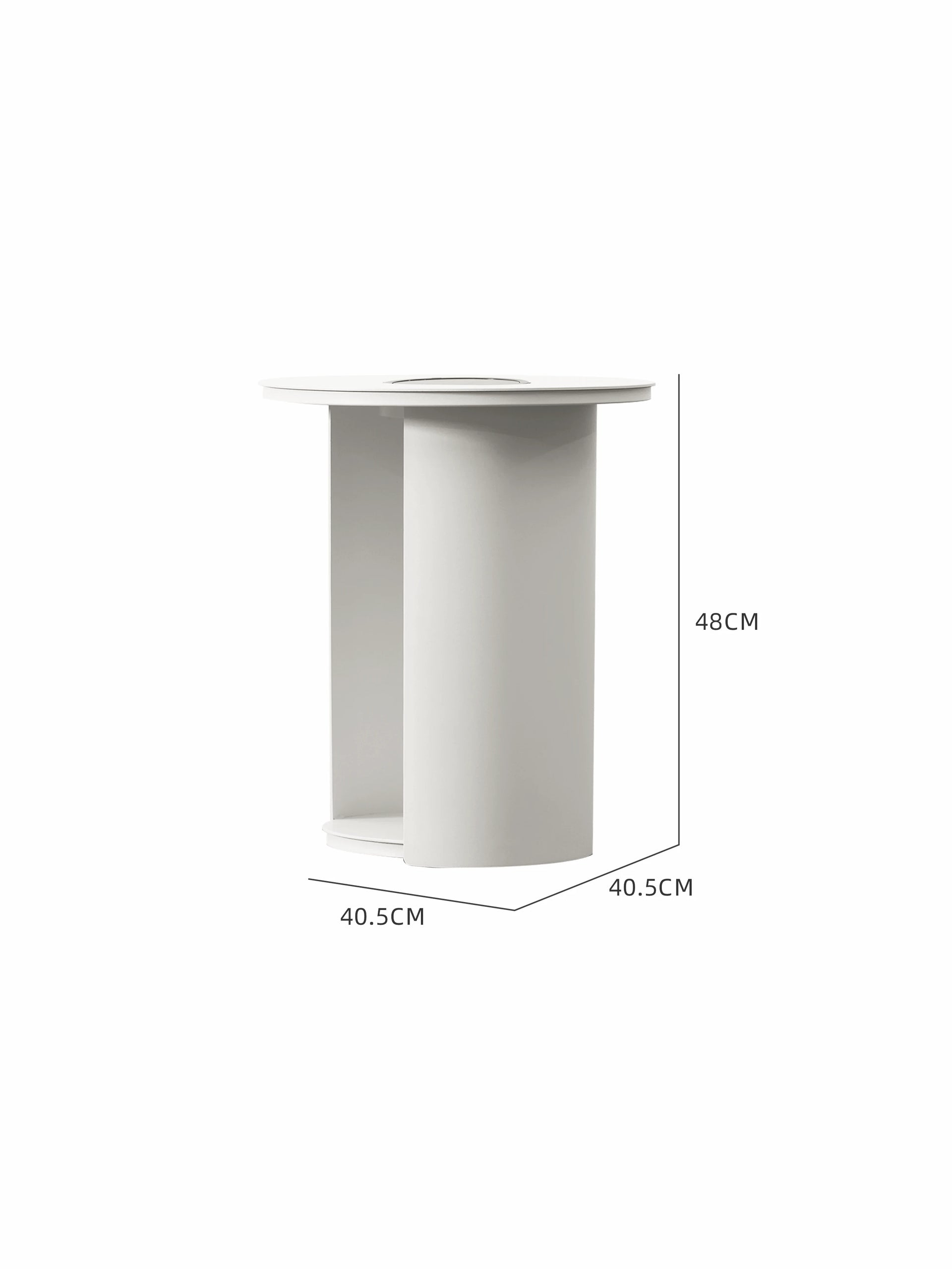 Baden-Baden Multifunktionale Runder Couchtisch mit Solarlicht: Moderner, kleiner Beistelltisch in mattweiß mit versetzter Basis und offenem Fach, 40,5x40,5 cm, Höhe 48 cm, ideal für stilvolle Outdoor-Bereiche.