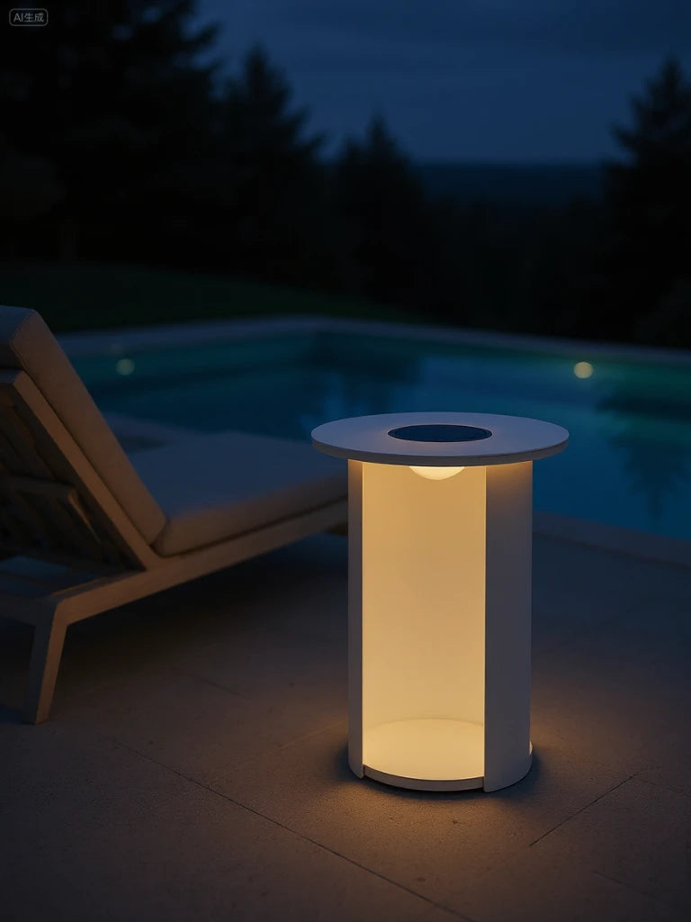 Baden-Baden Multifunktionale Runder Couchtisch mit Solarlicht, als leuchtender Outdoor-Tisch bei Nacht auf einer Poolterrasse, beleuchtet warm den Bereich neben einer Lounge, ergänzt Finqa's stilvolle, wetterfeste Outdoor-Möbel.