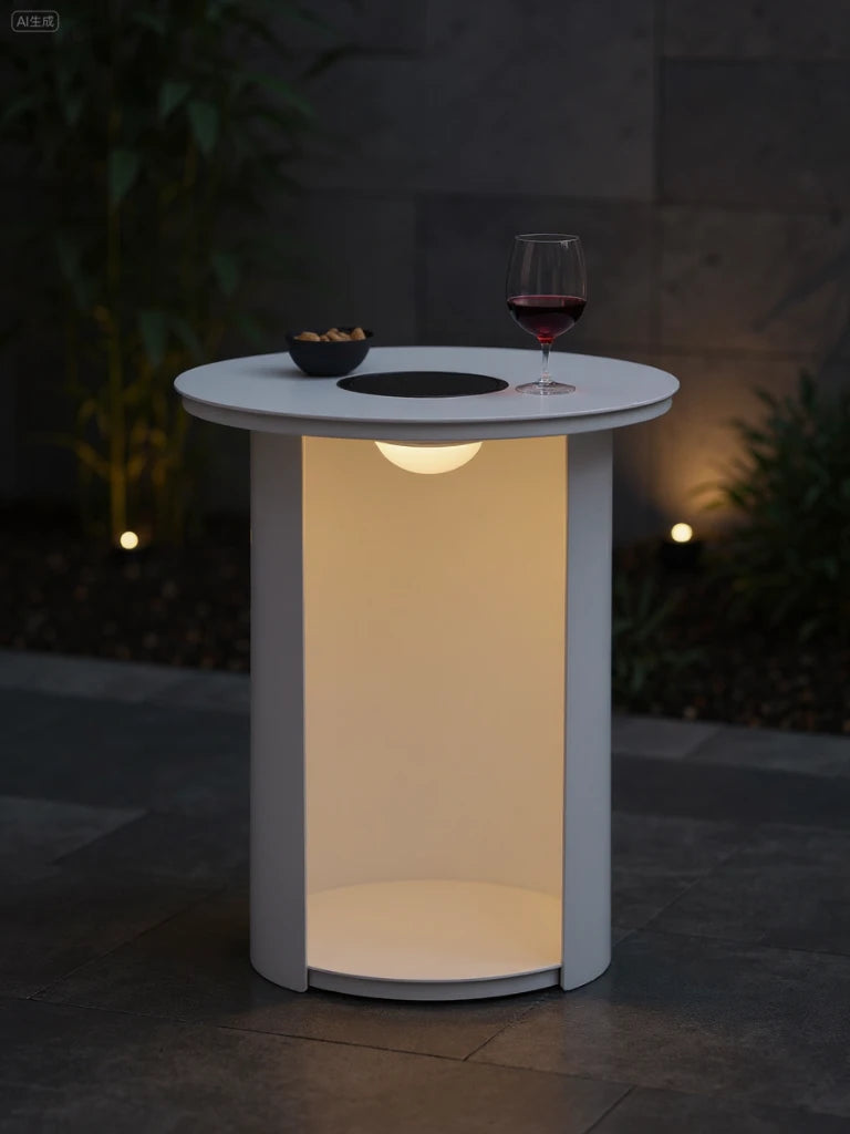 Baden-Baden Multifunktionale Runder Couchtisch mit Solarlicht, ein moderner, zylindrischer Tisch, der auch als sanfte Lampe dient. Auf der runden weißen Platte stehen ein Weinglas und eine Schale Nüsse.