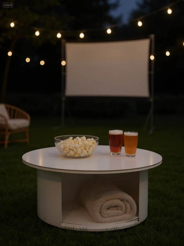 Santorini Dove Runder Couchtisch -38 cm Höhe-Weiß, zeigt sich in einem stimmungsvollen Outdoor-Setup mit Popcornschale und Biergläsern, ideal für entspannte Abende im Garten unter Lichterketten.