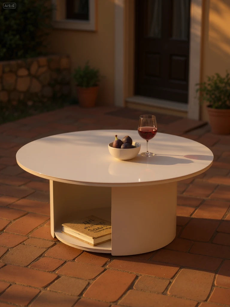 Santorini Dove Runder Couchtisch -38 cm Höhe-Weiß auf einer Terrasse, dekoriert mit einer Schale Feigen und Rotweinglas, darunter ein Buch im Regal, harmoniert mit mediterranem Stil und Funktionalität.