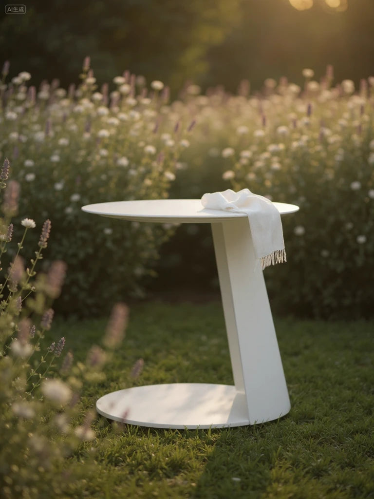 Karlsruhe Couchtisch - Slimline: Moderner, weißer C-förmiger Beistelltisch im Garten, Aluminiumlegierung mit Pulverbeschichtung, rundes Design, langlebig, leicht zu pflegen, ideal für flexible Outdoor-Gestaltung.