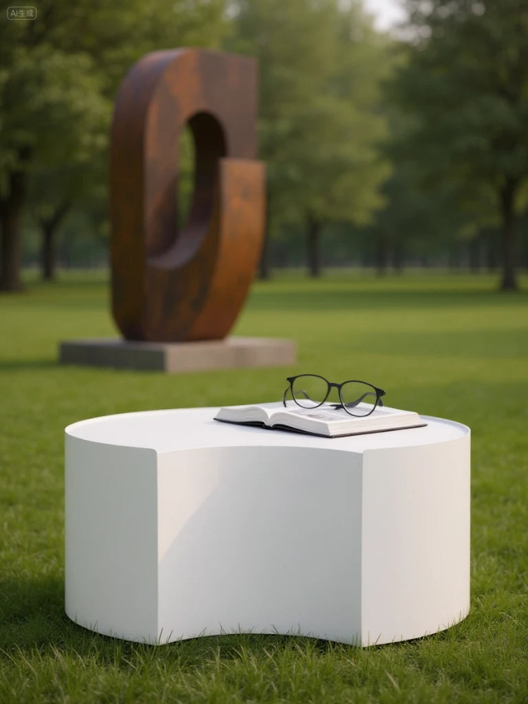 Speyer Crescent Couchtisch - Aluminium pulverbeschichtet-Weiß auf einer Rasenfläche, mit einem offenen Buch und Brille darauf. Im Hintergrund ein abstraktes, rostfarbenes Metallschulptur, umgeben von Bäumen.