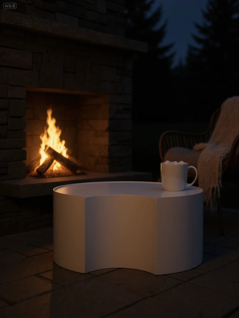 Der Speyer Crescent Couchtisch - Aluminium pulverbeschichtet-Weiß steht vor einem steinernen Kamin mit loderndem Feuer, ergänzt durch eine Tasse mit heißem Getränk. Ein Lounge-Sessel mit Decke ist daneben platziert.