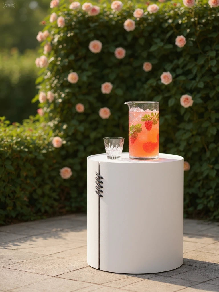 Offenburg Säule Runder Couchtisch - Aluminium Pulverbeschichtung: Auf einem gepflasterten Patio präsentiert dieser elegante, wetterfeste Tisch einen Krug mit Erdbeergetränk, ideal für stilvolle Gartenpartys bei Finqa GmbH.