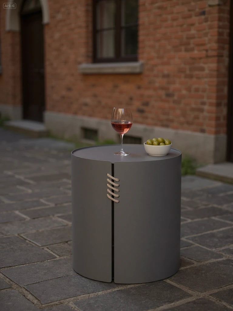 Offenburg Säule Runder Couchtisch - Aluminium Pulverbeschichtung, ein moderner, kleiner Outdoor-Tisch mit zwei geschwungenen, durch Seil verbundenen Paneelen, präsentiert mit Glas Roséwein und Schale Oliven auf gepflastertem Innenhof.
