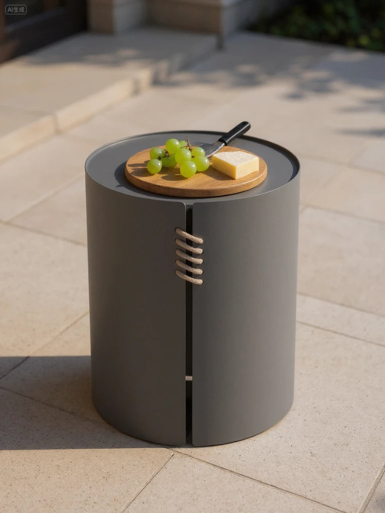 Der Offenburg Säule Runder Couchtisch - Aluminium Pulverbeschichtung steht auf einer Terrasse. Darauf liegen ein Holzbrett mit Trauben, Käse und Messer. Robuste, wetterfeste Bauweise mit handgefertigtem Seildetail.