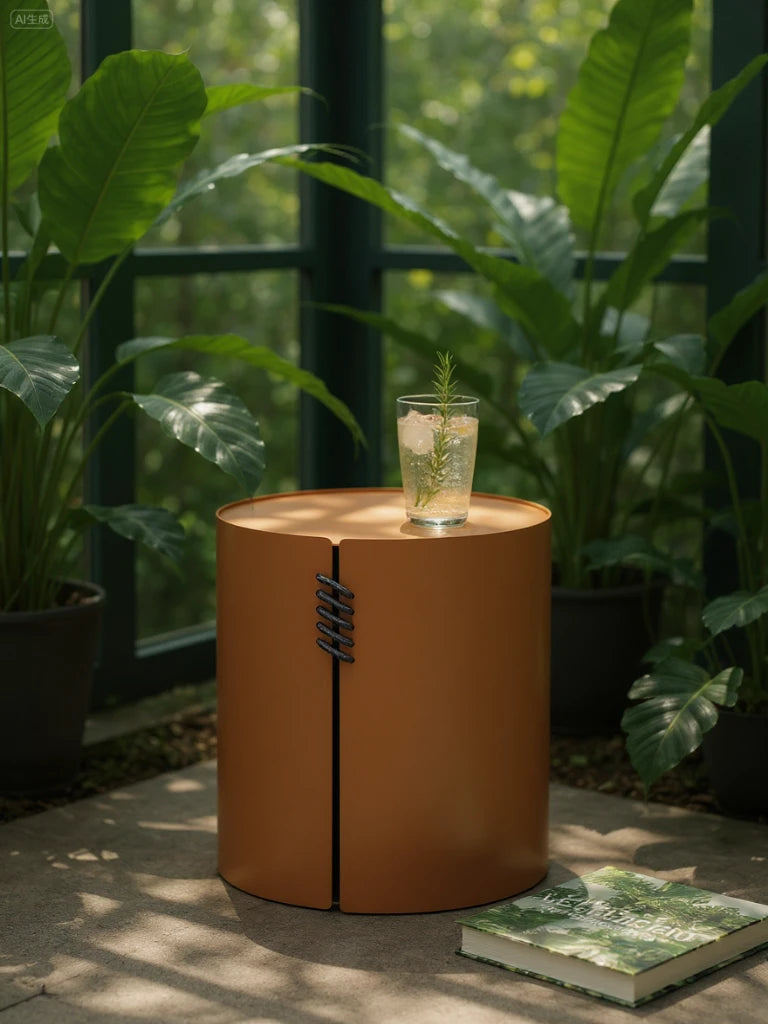 Offenburg Säule Runder Couchtisch - Aluminium Pulverbeschichtung, zylindrisch, mit überlappenden Paneelen und schwarzer Kordel, darauf ein Glas Limonade mit Rosmarin. Passen perfekt zu Finqa GmbH's stilvollen Outdoor-Möbeln.