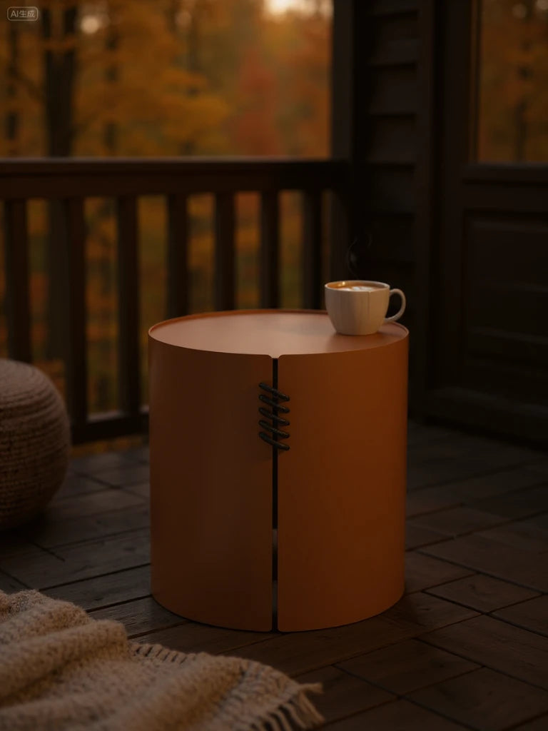 Der Offenburg Säule Runder Couchtisch mit Aluminium Pulverbeschichtung steht auf einem Holzbalkon, gekrönt von einer dampfenden Kaffeetasse, neben einem gestrickten Pouf und einer gemütlichen Decke.