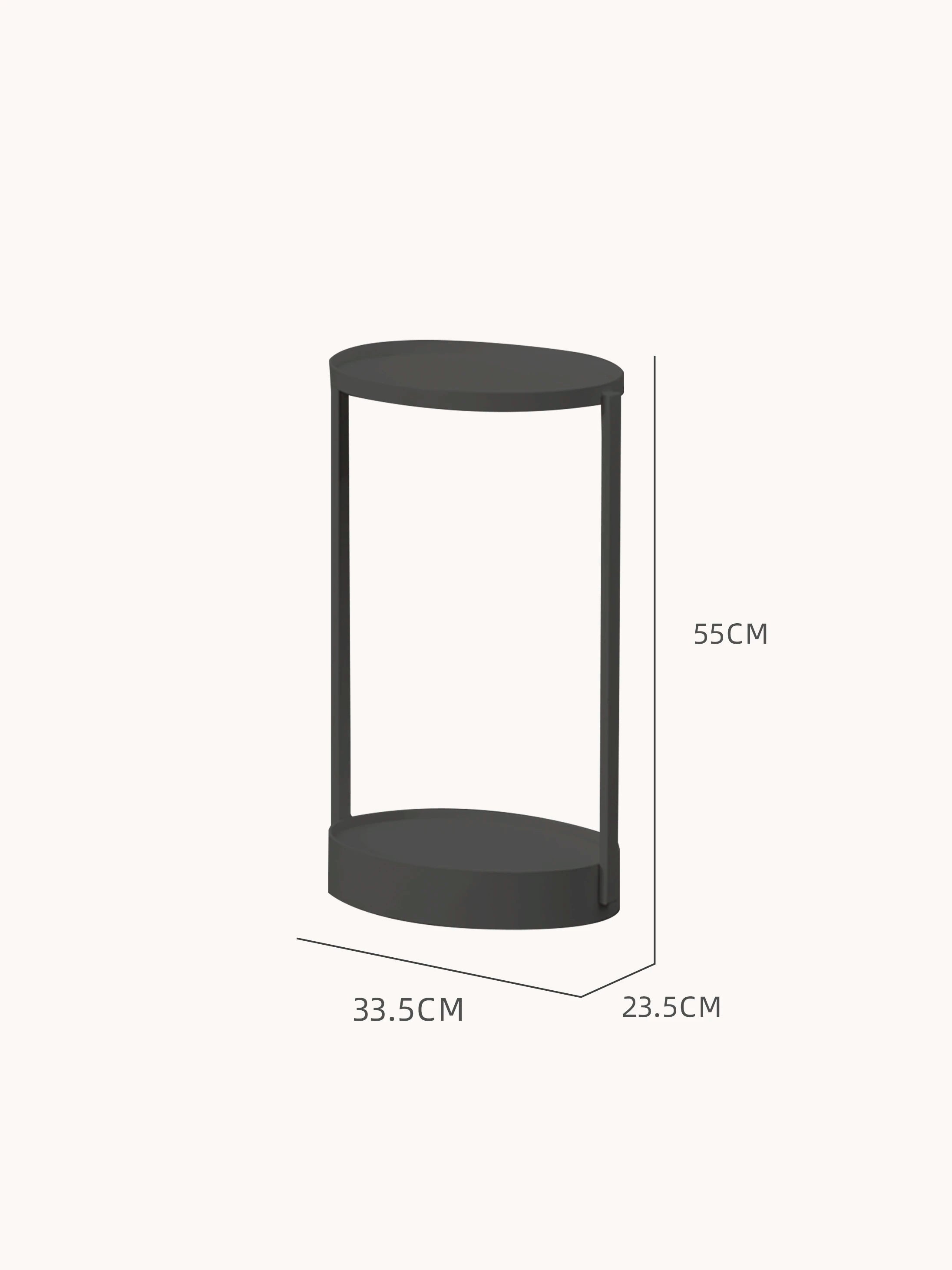 Rauma durchbrochener Couchtisch - Aluminium pulverbeschichtet: Minimalistischer, zweistufiger Tisch mit ovalen Regalböden, schwarzem Metallrahmen, Maße: H 55 cm, B 23,5 cm, L 33,5 cm.