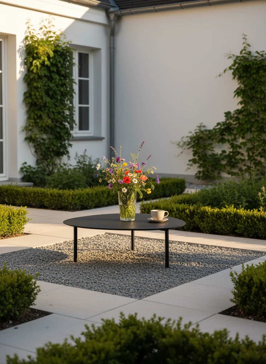 Valencia-L Lounge Beistelltisch aus Aluminium-Pulverbeschichtung, eiförmig, steht auf Kies, mit Wildblumen in Glasvase und Keramikbecher. Ideal für stilvolle Outdoor-Gestaltung.