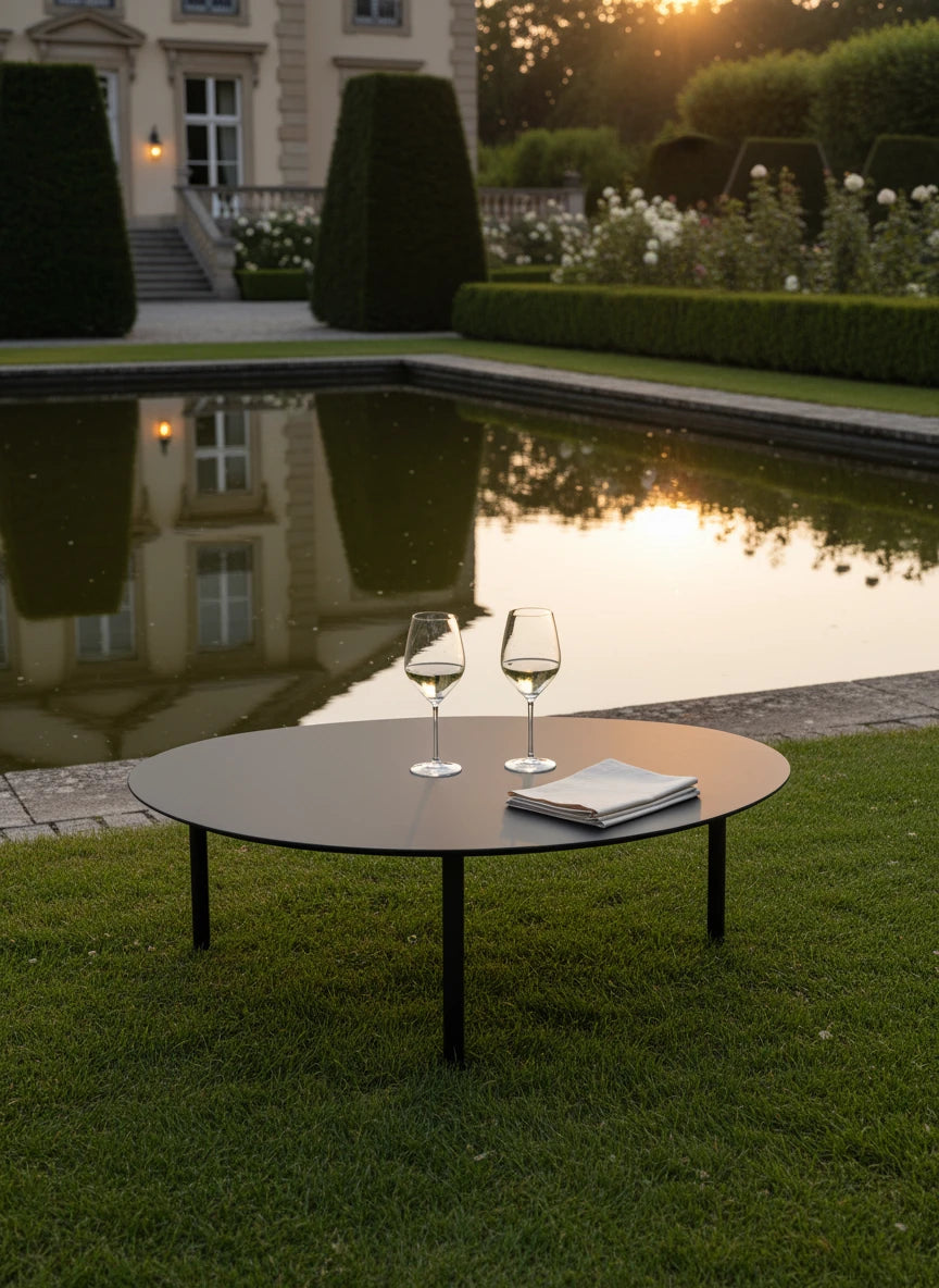 Ein eleganter Valencia-L Lounge Beistelltisch aus Aluminium-Pulverbeschichtung steht auf einem Rasen, dekoriert mit zwei Weingläsern und Zeitungen, neben einem ruhigen Pool vor einem herrschaftlichen Gebäude.