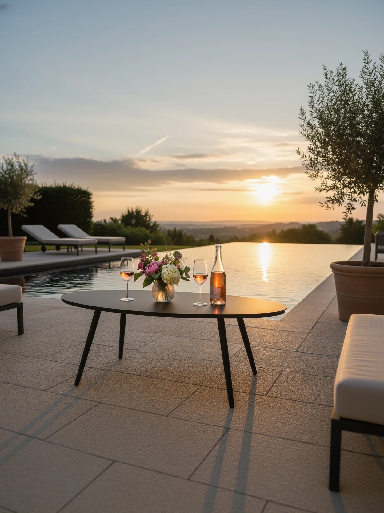 Freiburg Oval Boat Couchtisch aus pulverbeschichteter Aluminiumlegierung präsentiert sich auf einer eleganten Poolterrasse, dekoriert mit Blumen und Weingläsern, betont das stilvolle und wetterfeste Design von Finqa GmbH.