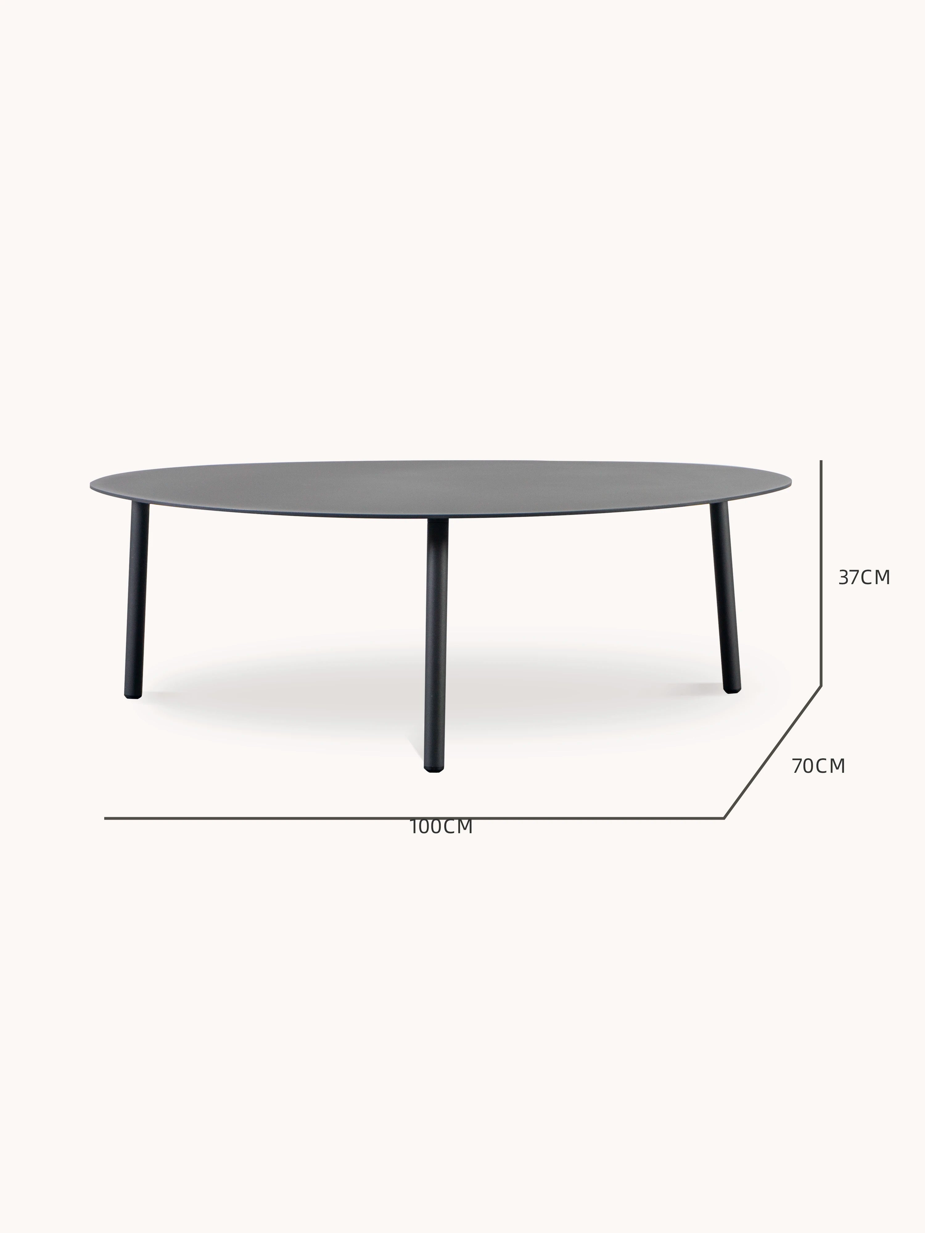 Valencia-L Lounge Beistelltisch, eiförmig, mit Aluminium-Pulverbeschichtung, 100/70/34 cm, zeigt elegante Kurven und organische Formen, inspiriert von Valencias Küstenlandschaft, auf drei zylindrischen Beinen.