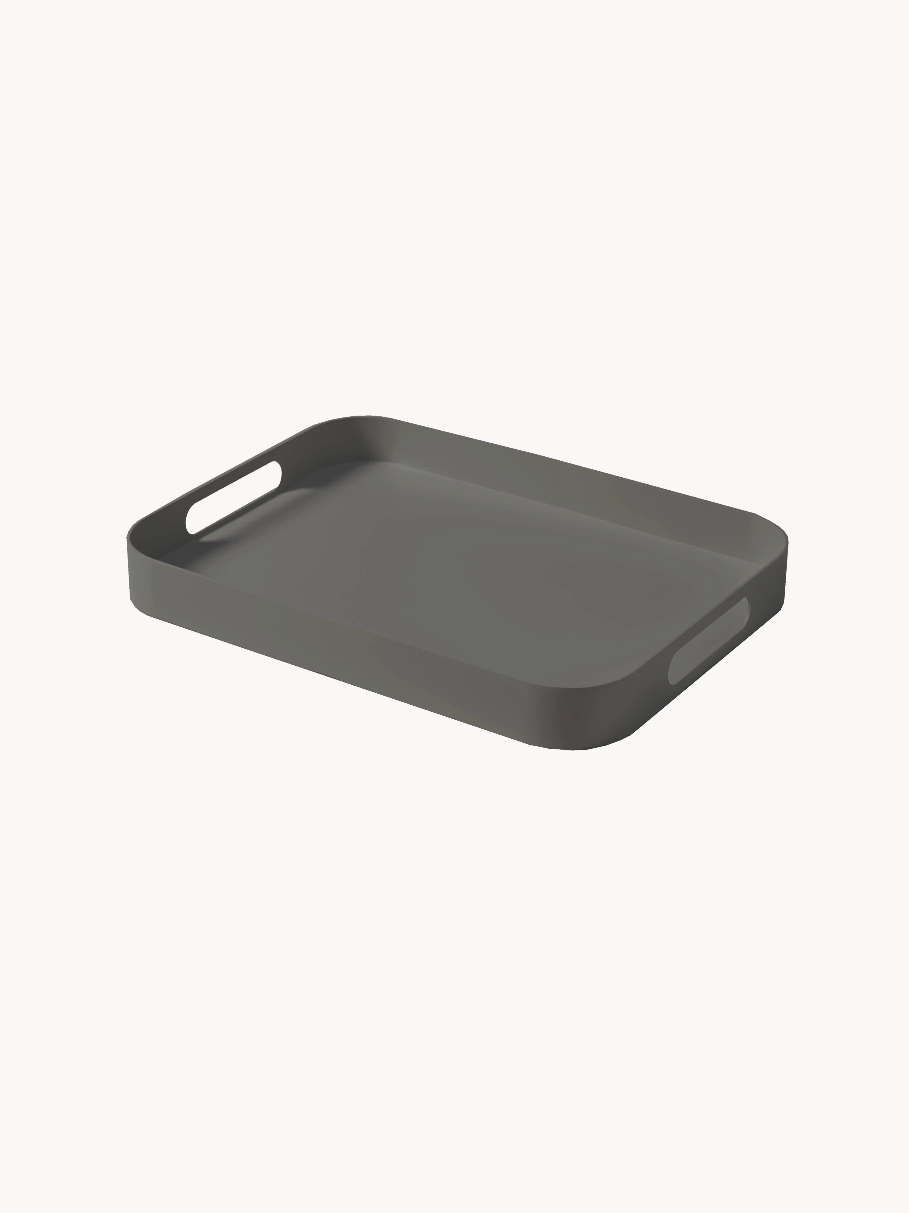 Finqa Palanga Tablett - Aluminium pulverbeschichtet rund-Kohle: Ein rechteckiges Tablett mit Griffen, ideal für stilvolles Servieren oder Dekorieren, passt perfekt in modulare Outdoor-Umgebungen von Finqa. Maße: L40.5 x B40.5 x H48cm.