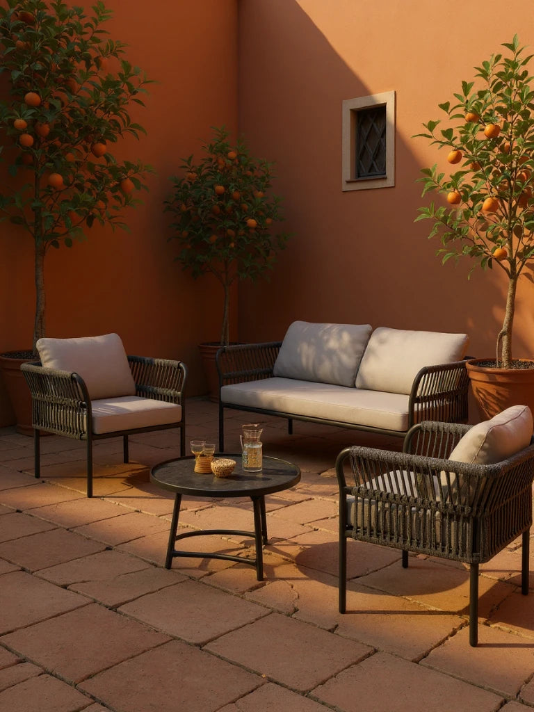 Malaga Garten Ecklounge Set (4-Sitzer) im sonnenbeschienenen Patio, bestehend aus zwei Sesseln, einem Sofa mit beigen Kissen und einem runden Tisch, umgeben von Orangenbäumen.