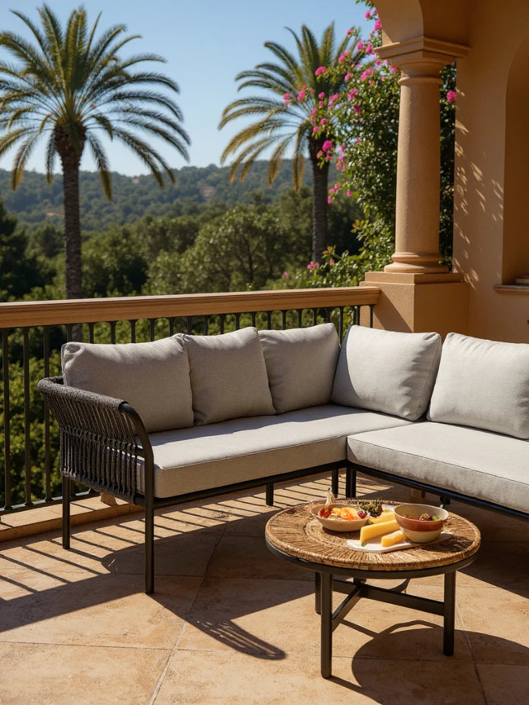 Malaga Garten Ecklounge Set (5-Sitzer) auf einer sonnigen Terrasse, bestehend aus einem L-förmigen, wetterfesten Sofa mit grauen Kissen, begleitet von einem runden Tisch mit Snacks.