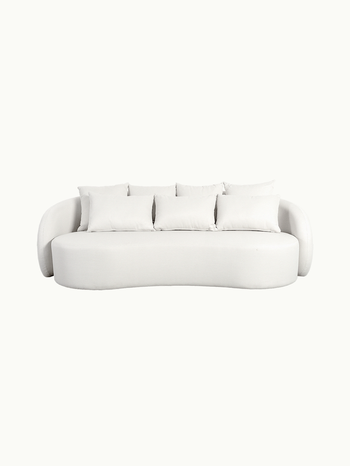 Santorini Garten Loungesofa Set (8-Sitzer) zeigt ein modernes, gebogenes Design mit weißen Stoffbezügen und sieben passenden Kissen, ideal für stilvolle, flexible Outdoor-Entspannungsbereiche, inspiriert von mediterranem Stil.