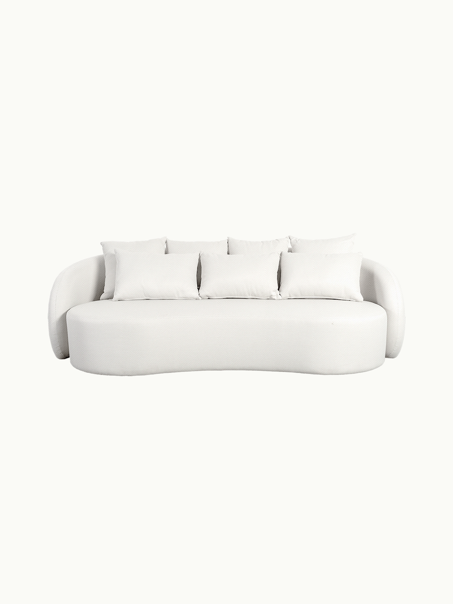 Santorini Garten Loungesofa Set (8-Sitzer) zeigt ein modernes, gebogenes Design mit weißen Stoffbezügen und sieben passenden Kissen, ideal für stilvolle, flexible Outdoor-Entspannungsbereiche, inspiriert von mediterranem Stil.