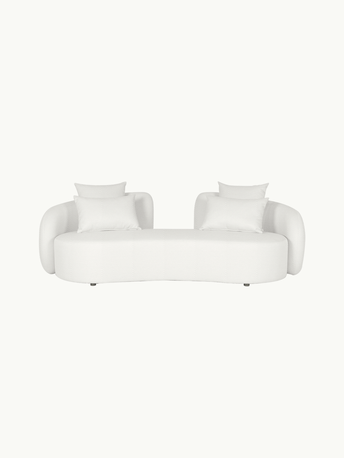 Santorini Garten Loungesofa Set (8-Sitzer): Modernes, geschwungenes weißes Sofa mit vier passenden Kissen, inspiriert von mediterranem Stil, vielseitig kombinierbar, ideal für stilvolle Outdoor-Bereiche von Finqa GmbH.