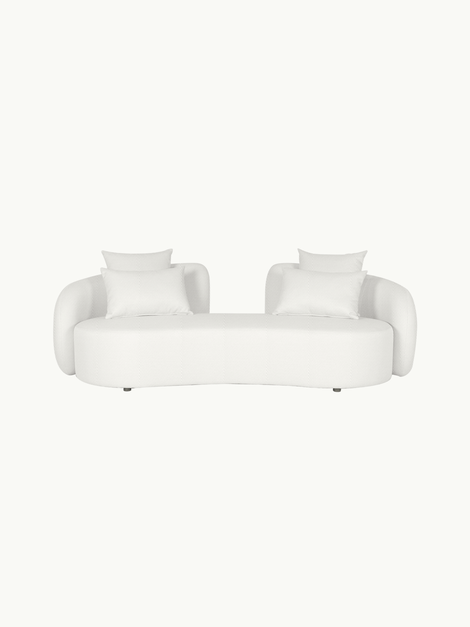 Santorini Garten Loungesofa Set (8-Sitzer): Modernes, geschwungenes weißes Sofa mit vier passenden Kissen, inspiriert von mediterranem Stil, vielseitig kombinierbar, ideal für stilvolle Outdoor-Bereiche von Finqa GmbH.