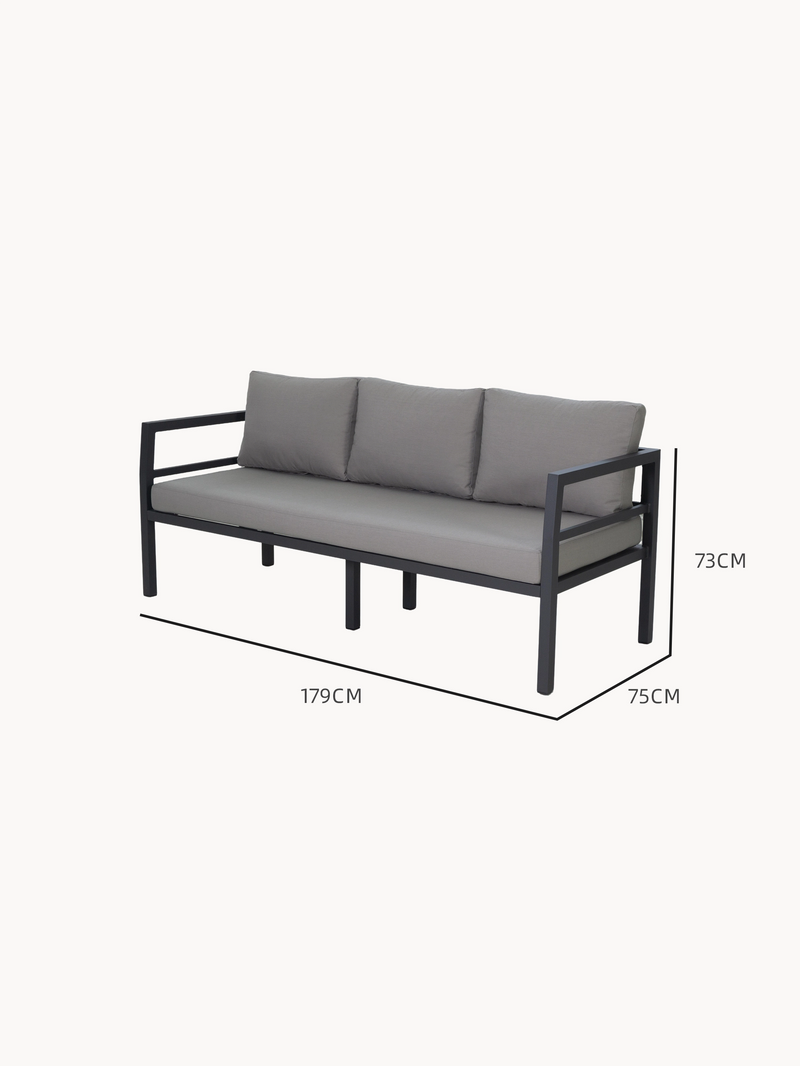 Elche Garten Ecklounge (3-Sitzer) mit schlankem, dunklem Metallrahmen und grauen Kissen; 179 cm breit, 75 cm tief, 73 cm hoch, ideal für stilvolle, langlebige Outdoor-Gestaltung.