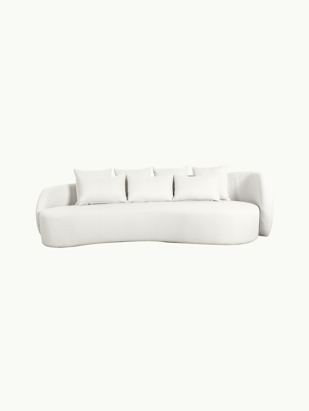 Santorini Garten Loungesofa Set (8-Sitzer) zeigt ein modernes, niedriges Design mit sanft geschwungenen Linien und fünf passenden Kissen, ideal für stilvolle und komfortable Outdoor-Gestaltungen von Finqa.
