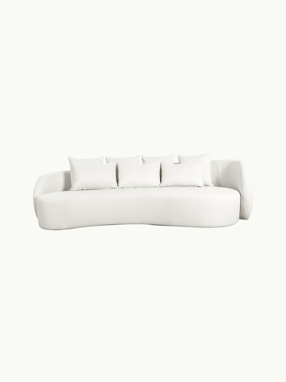 Santorini Garten Loungesofa Set (8-Sitzer) zeigt ein modernes, niedriges Design mit sanft geschwungenen Linien und fünf passenden Kissen, ideal für stilvolle und komfortable Outdoor-Gestaltungen von Finqa.