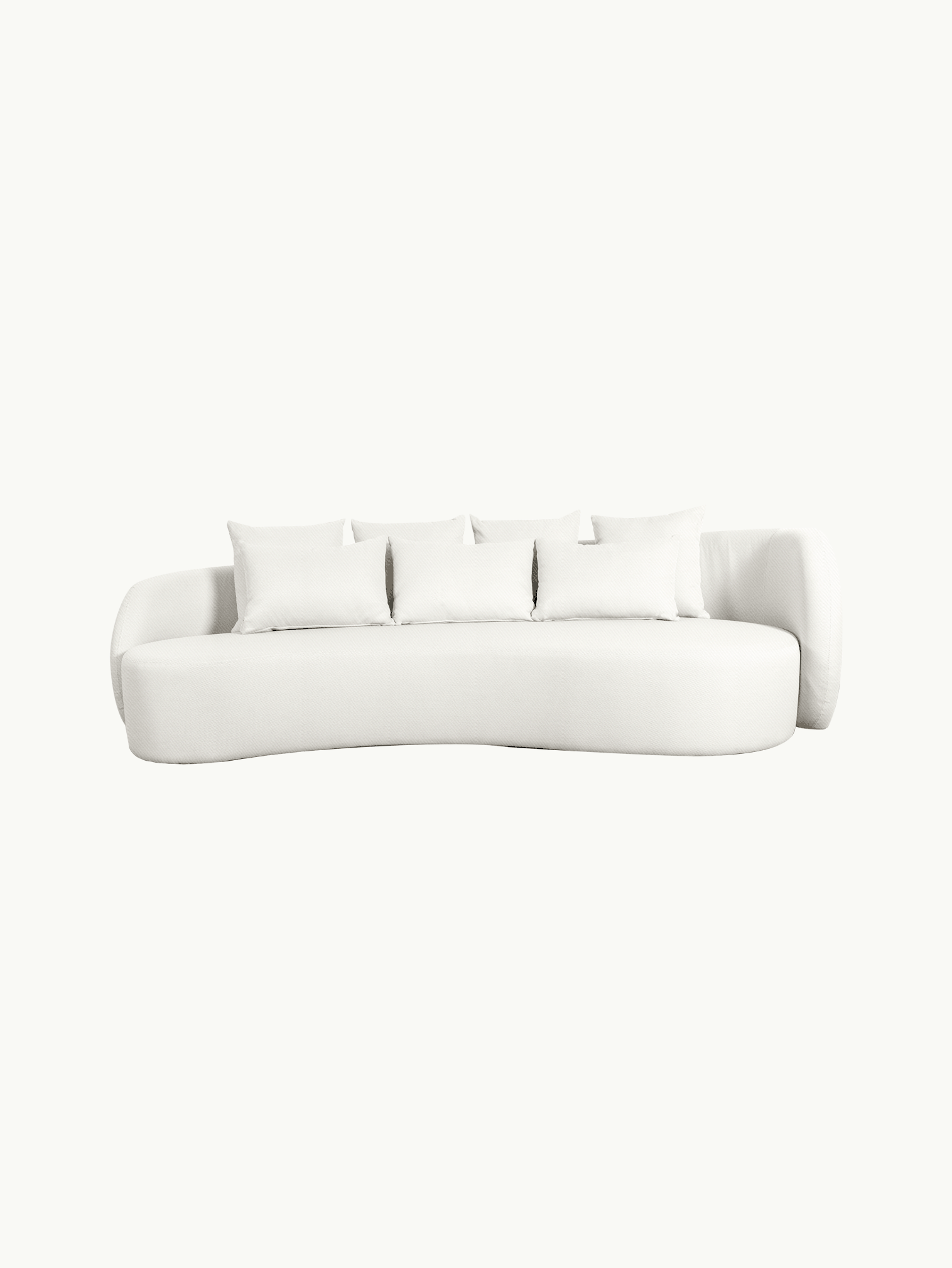 Santorini Garten Loungesofa Set (8-Sitzer) zeigt ein modernes, niedriges Design mit sanft geschwungenen Linien und fünf passenden Kissen, ideal für stilvolle und komfortable Outdoor-Gestaltungen von Finqa.