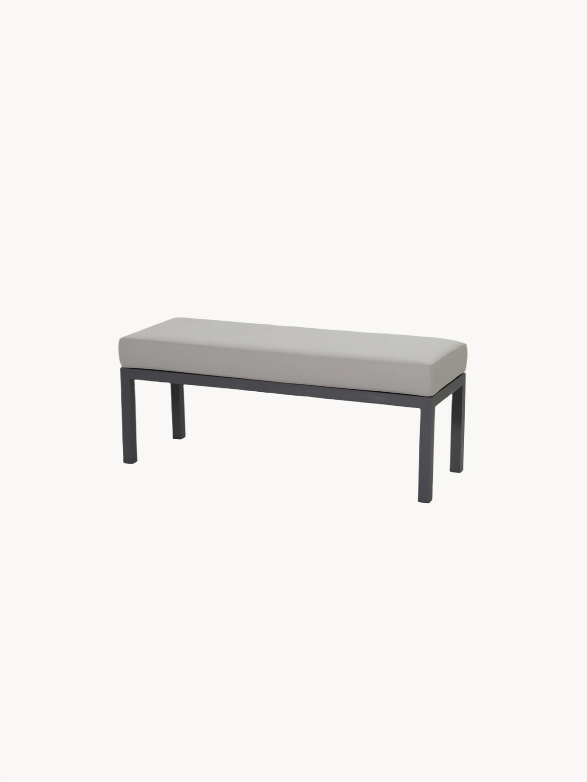 Elche Garten Ecklounge Hocker mit rechteckigem, hellgrauem Polsterkissen auf schlankem, schwarzem Metallgestell. Perfekt für stilvolle, modulare Outdoor-Gestaltung von Finqa GmbH.