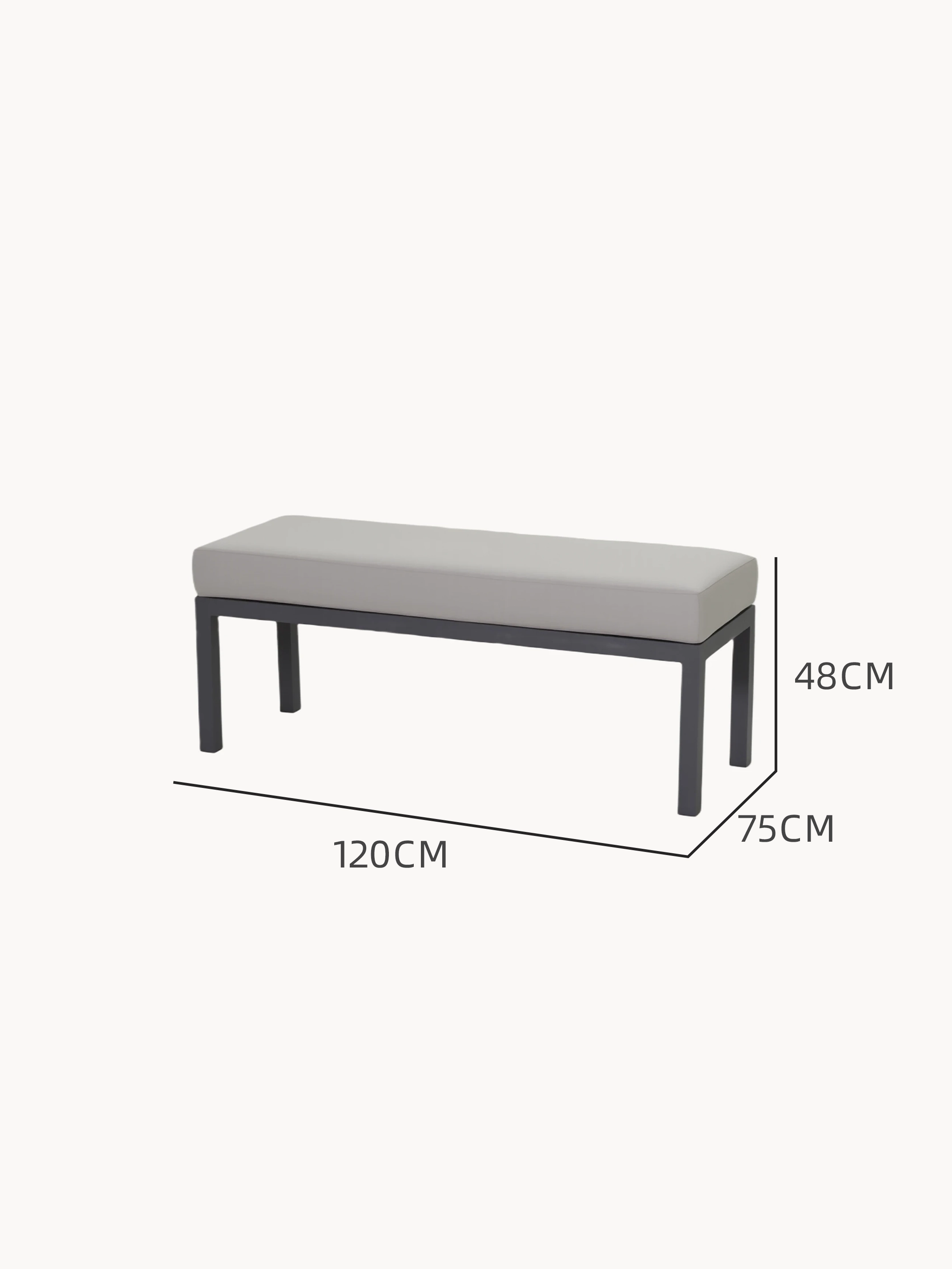 Elche Garten Ecklounge Hocker mit gepolsterter Sitzfläche und geraden Metallbeinen, Maße: 120 cm Länge, 75 cm Tiefe, 48 cm Höhe. Hochwertiges, strapazierfähiges Olefin-Gewebe für stilvolle Outdoor-Nutzung.