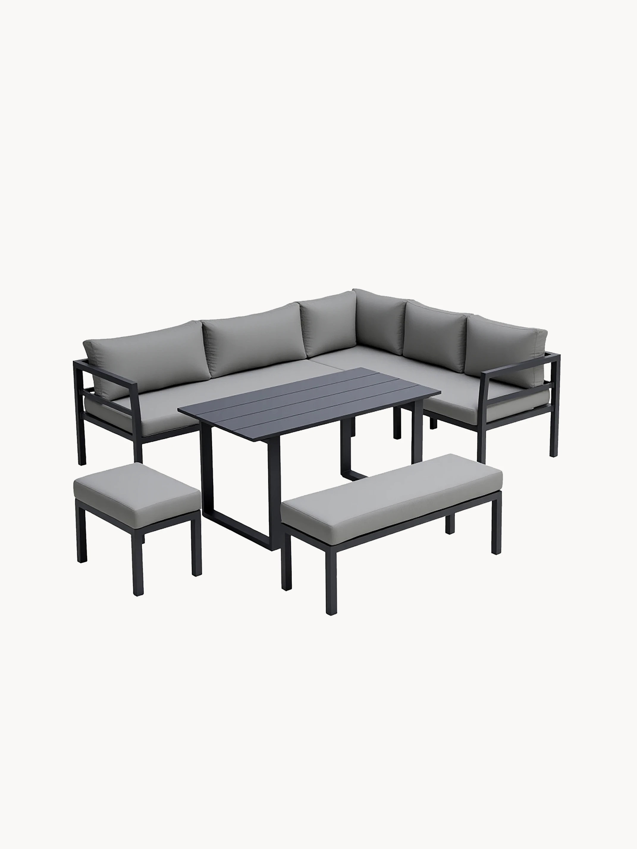 Elche Garten Ecklounge Hocker: Modernes Outdoor-Set mit L-förmigem Sofa, Metallrahmen, grauen Kissen, rechteckigem Tisch und zwei gepolsterten Hockern, ideal für stilvolle und langlebige Terrassengestaltung.