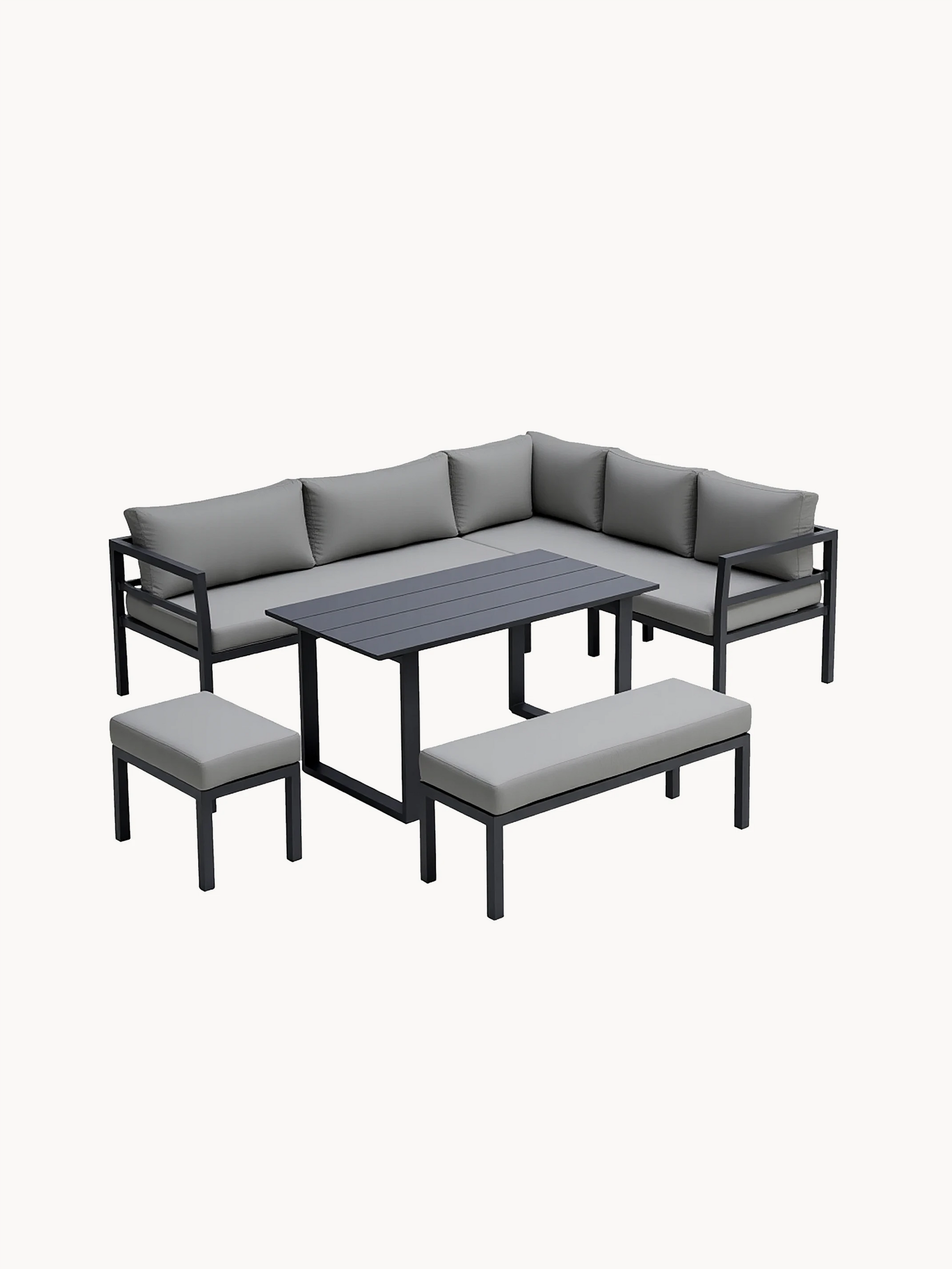 Elche Garten Ecklounge Hocker: Modernes Outdoor-Set mit L-förmigem Sofa, Metallrahmen, grauen Kissen, rechteckigem Tisch und zwei gepolsterten Hockern, ideal für stilvolle und langlebige Terrassengestaltung.