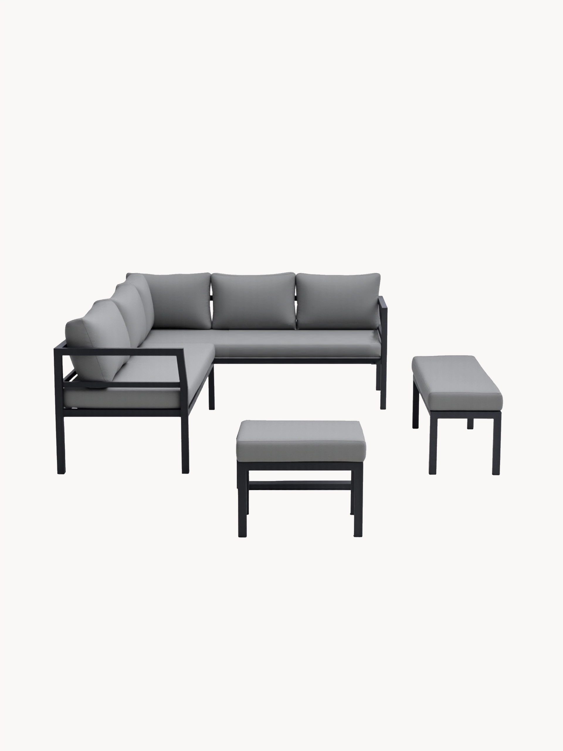 Elche Garten Ecklounge Hocker: Ein modernes, minimalistisches Set mit einem L-förmigen Sofa und zwei passenden Hockern, schwarzes Metallgestell und hellgraue Kissen, ideal für stilvolle Outdoor-Bereiche.