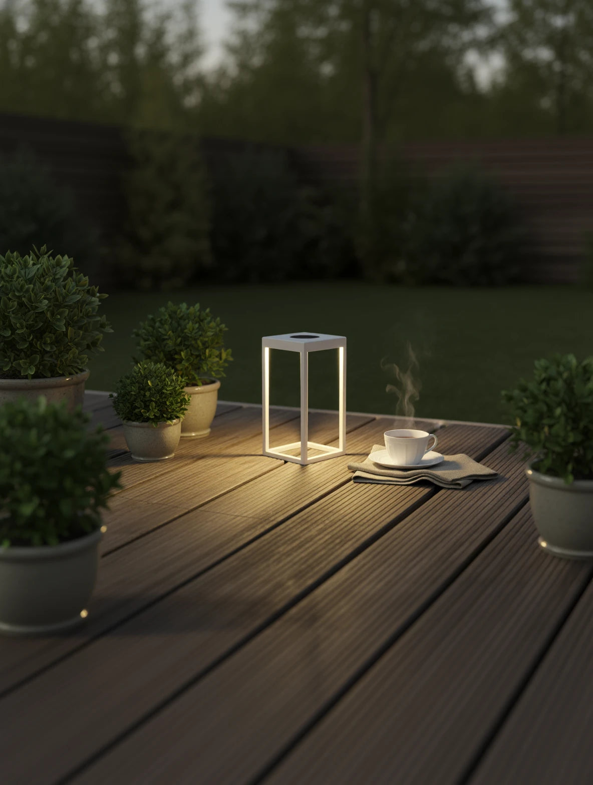 Kenya Solar Gartenlampe auf einem Holztisch bei Dämmerung, umgeben von kleinen Topfpflanzen; daneben eine Tasse mit dampfendem Getränk, die Lampe strahlt sanftes, romantisches Licht aus.