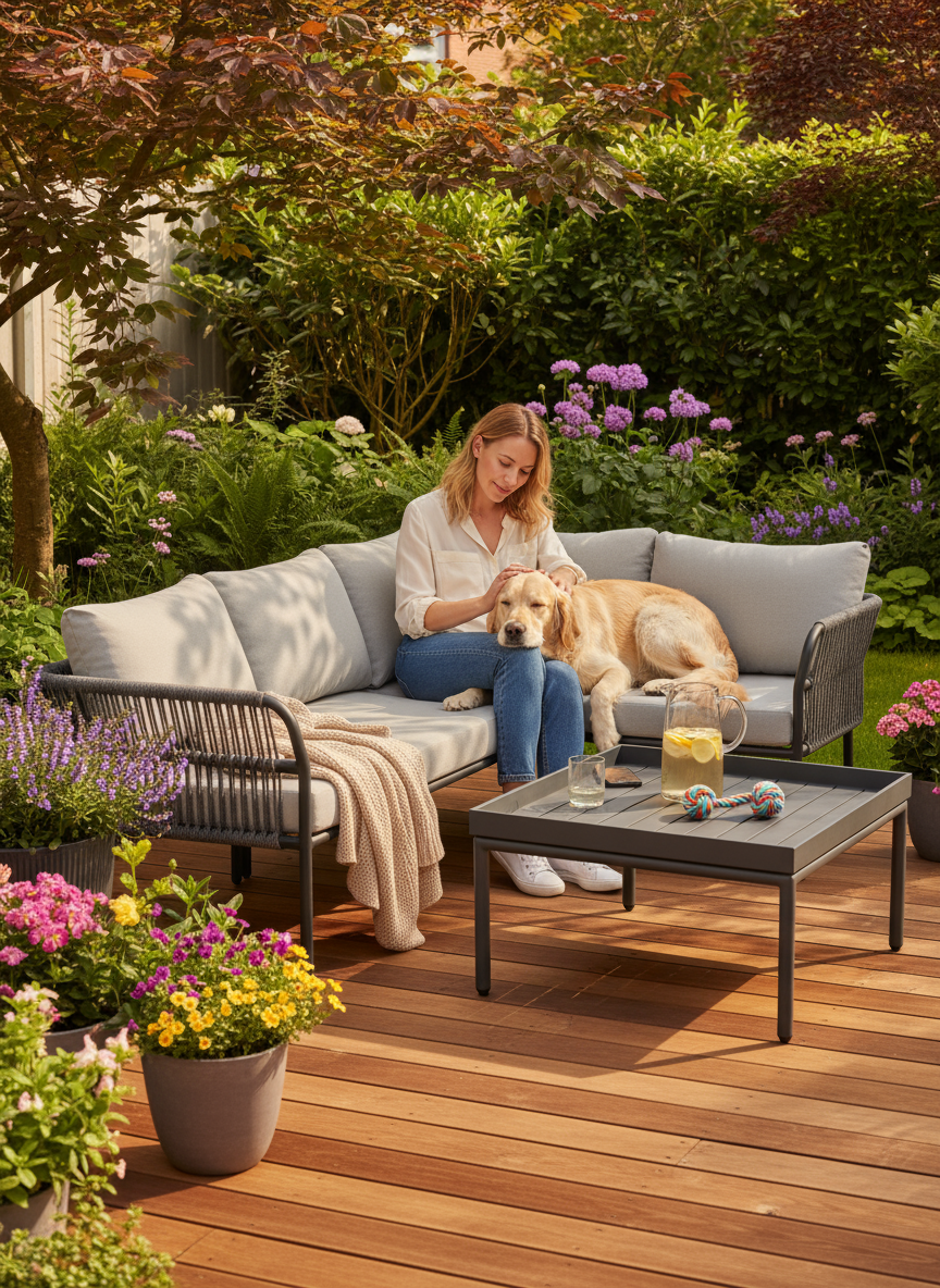 Malaga Garten Ecklounge Set (4-Sitzer) auf Holzboden; Frau sitzt und streichelt Golden Retriever, daneben niedriger Tisch mit Limonade und Hundespielzeug, umgeben von blühenden Pflanzen und grünen Büschen.