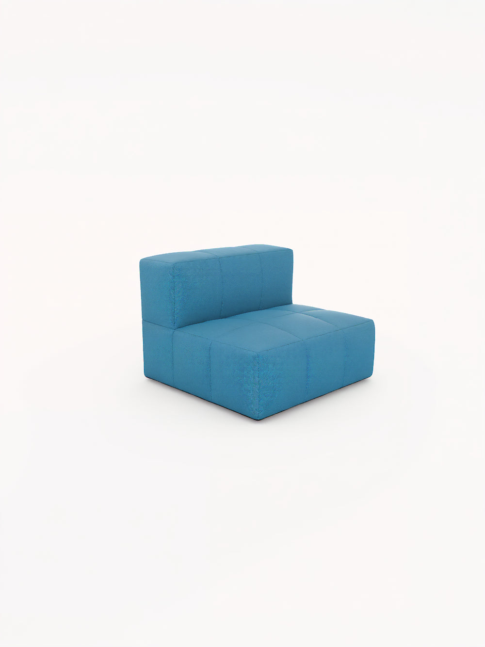 Marshmallow Bonbon Einzelsitz: Ein einzelner modularer Loungesessel in leuchtend blauem Stoff mit quadratischer Steppung, inspiriert von Kindheitserinnerungen, ideal für flexible Outdoor-Gestaltungen von Finqa GmbH.