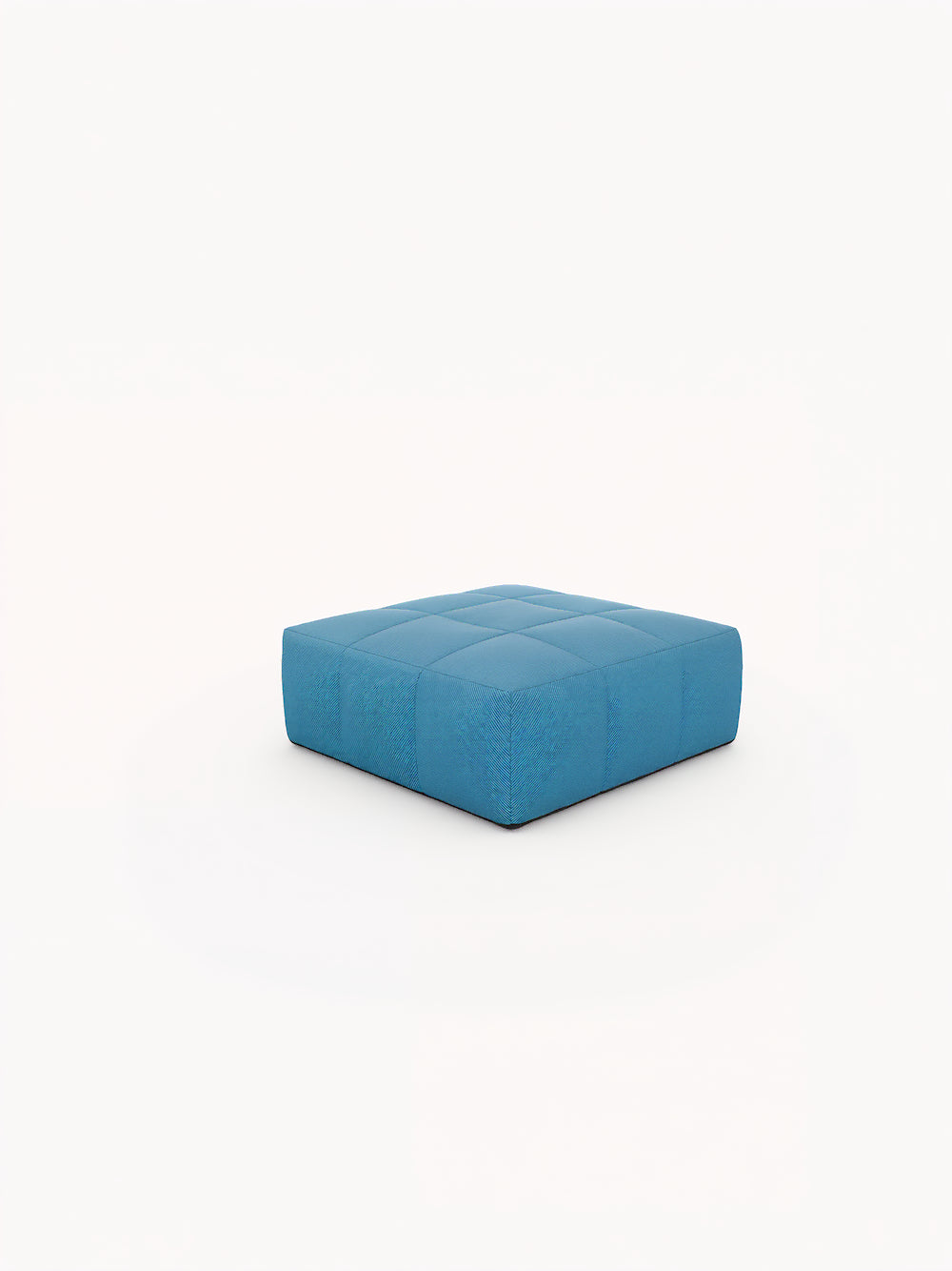 Marshmallow Bonbon Ottoman: Quadratisches Sitzkissen mit blauer Struktur, ohne sichtbare Beine. Getuftete 3x3-Quadrate verleihen ihm ein minimalistisches, modernes Design. Perfekt für modulare Finqa Outdoor-Lounges.