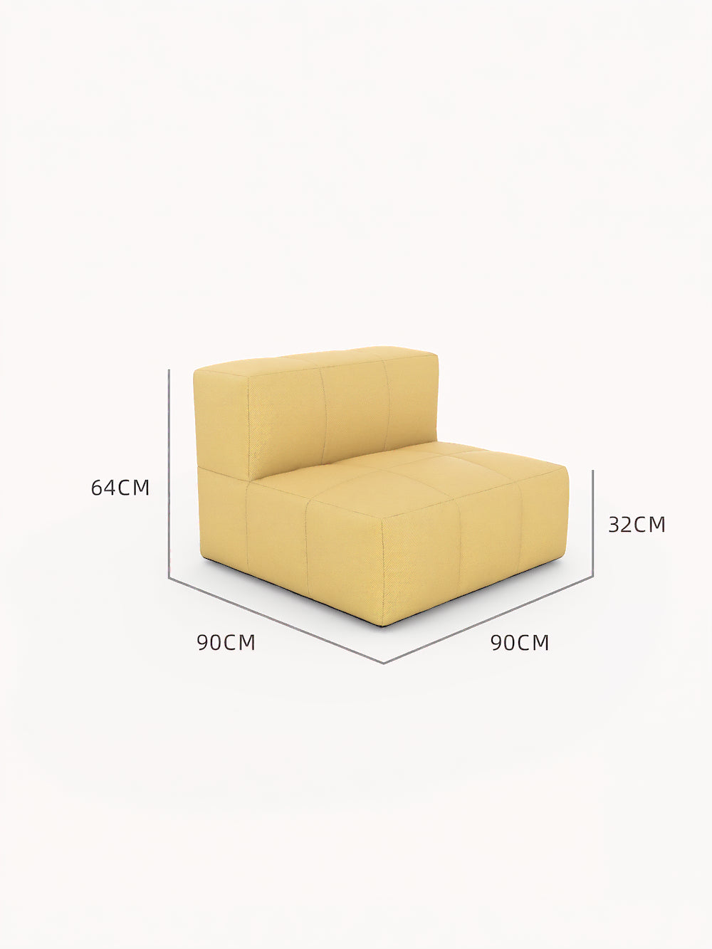 Einzelner Marshmallow Bonbon Einzelsitz: modularer, blockförmiger Sessel in Senfgelb, 90 cm breit und tief, 32 cm Sitzhöhe, inspiriert von Marshmallows, bietet Komfort und Flexibilität für individuelle Outdoor-Lounges.