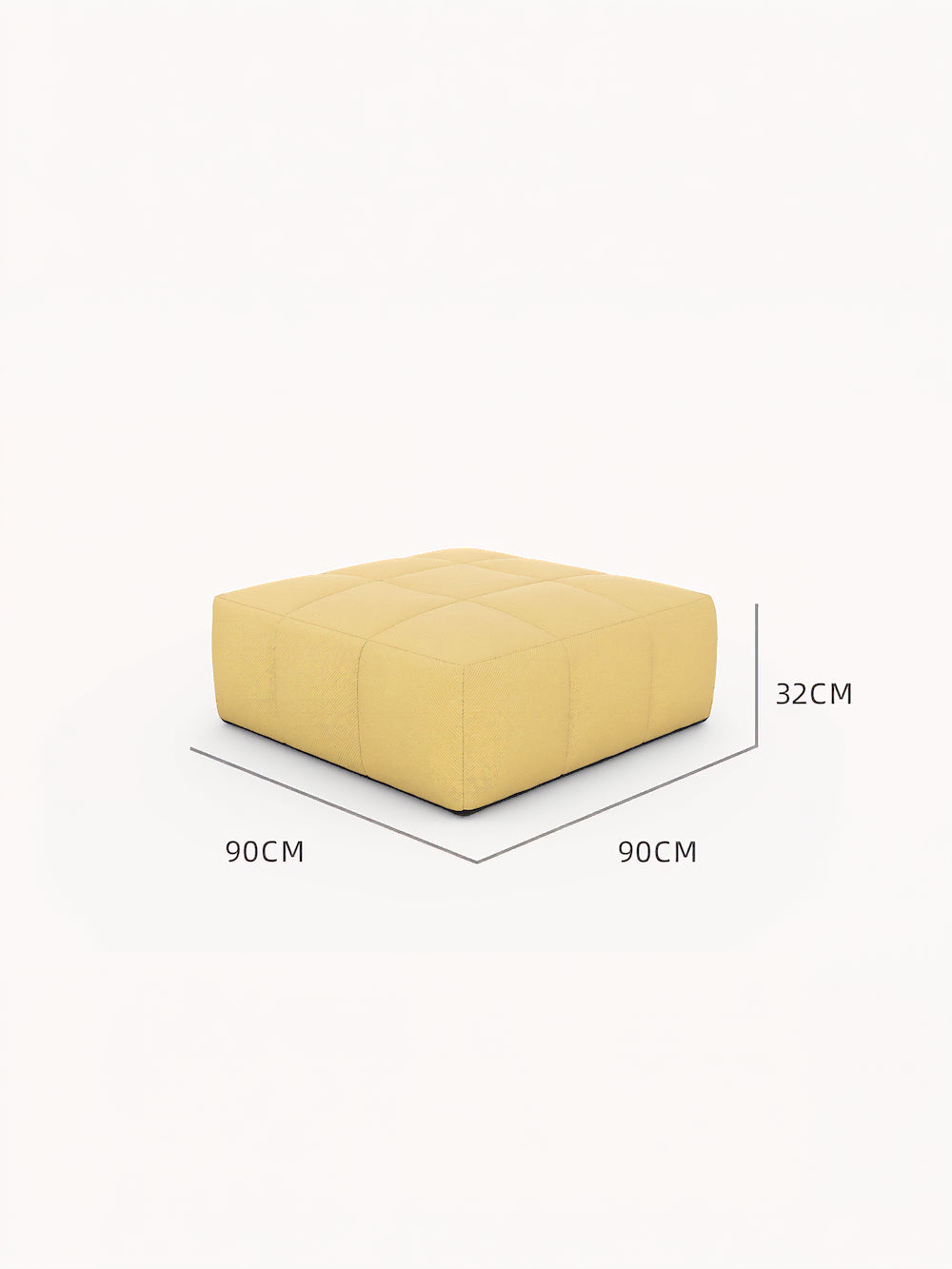 Marshmallow Bonbon Ottoman: Quadratischer, getufteter Pouf in Senfgelb, 90 cm x 90 cm, 32 cm hoch. Teil der nachhaltigen, modularen Finqa Marshmallow-Kollektion, inspiriert von Kindheitserinnerungen an Marshmallows.