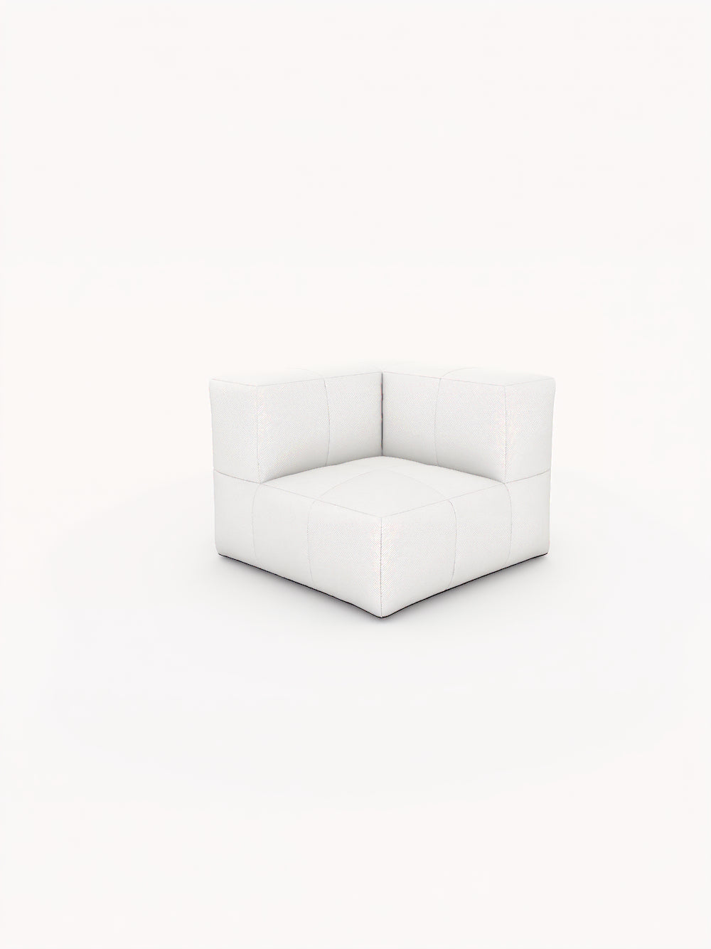 Marshmallow Bonbon Ecke: Ein modularer Sofaeckteil von Finqa, kubisch mit zwei rechtwinkligen Rückenlehnen, bezogen mit schlichtem weißen Stoff. Perfekt für flexible, nachhaltige Outdoor-Gestaltungen.