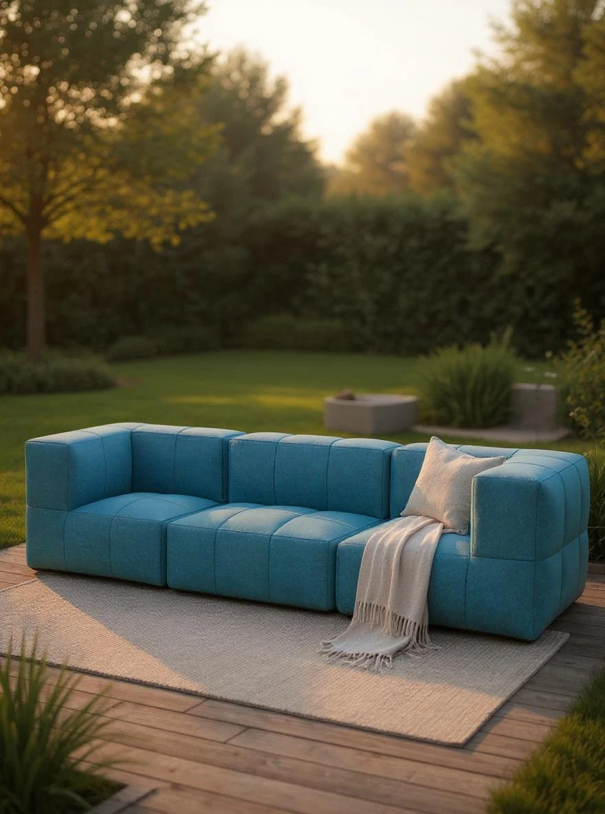 Modulares Garten-Lounge-Set Marshmallow, 3er-Set: Ein modernes, niedriges Sofa in Türkis auf einem Holzdeck, mit Akzentkissen und Decke, bietet stilvolle und nachhaltige Outdoor-Entspannung.