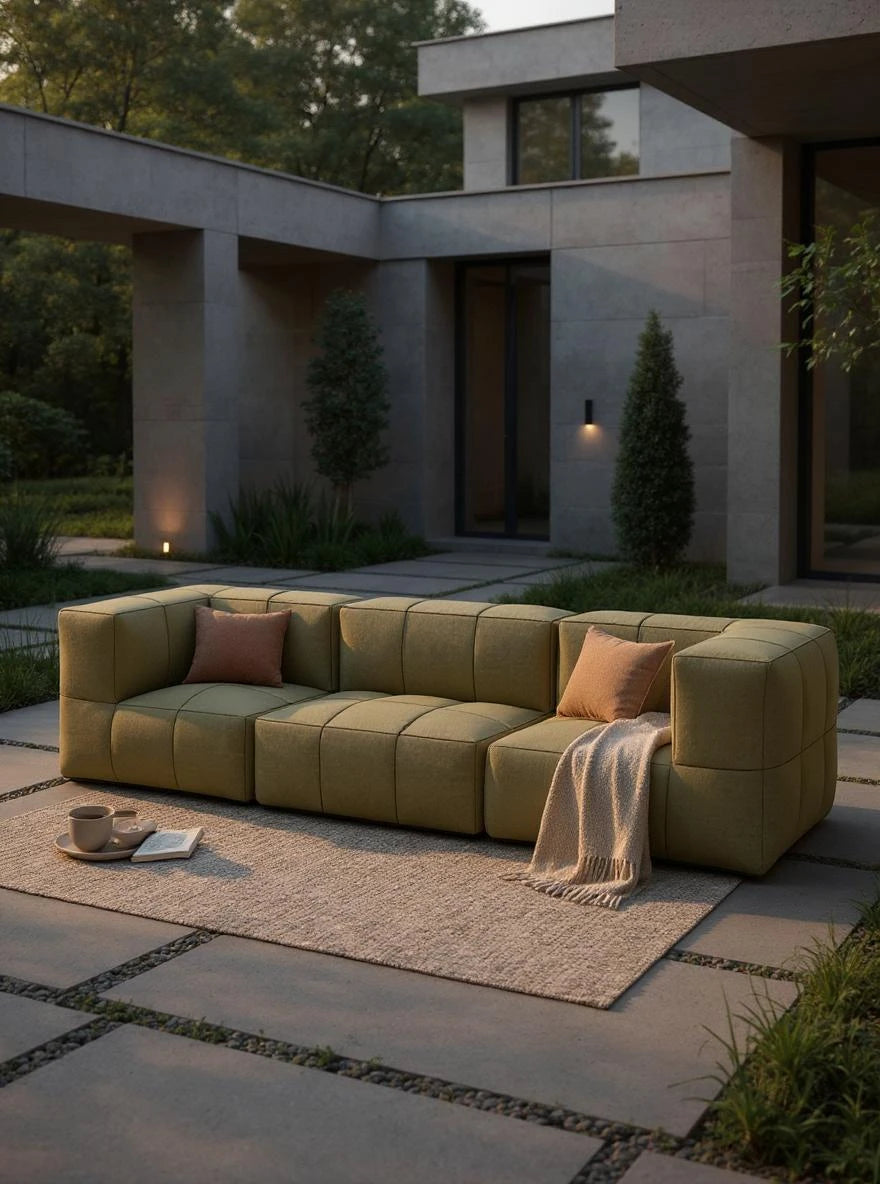 Modulares Garten-Lounge-Set Marshmallow, 3er-Set: Ein modernes, olivgrünes Sofa mit rosa Kissen und beigem Wurf, auf einem neutralen Teppich vor einem minimalistischen Steinhaus, betont Flexibilität und Komfort.