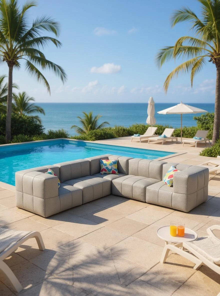 Modulares Garten-Lounge-Set Marshmallow, 5er-Set, auf einer tropischen Terrasse mit grauem U-förmigem Sofa und bunten Kissen, umgeben von Pool, Meerblick, Palmen und einem Tisch mit Orangensaft.